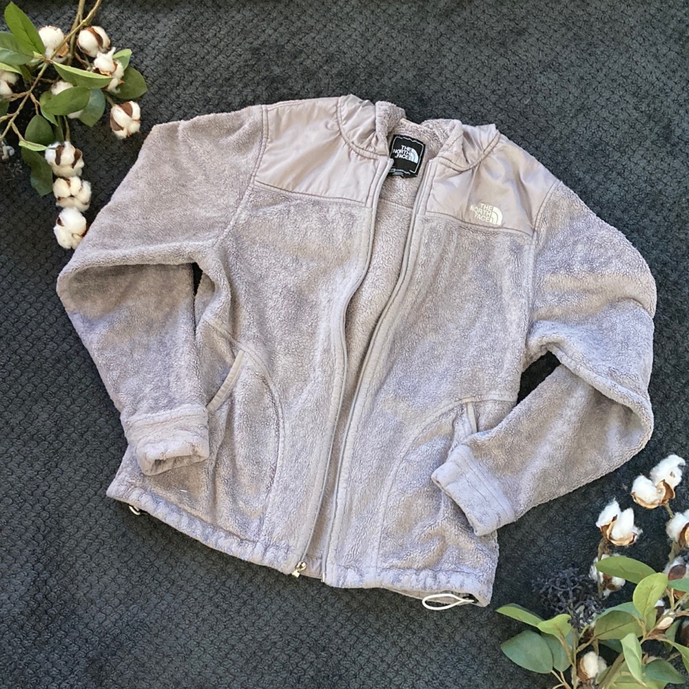 North Face brand fleece hooded jacket. Light gray. Size M